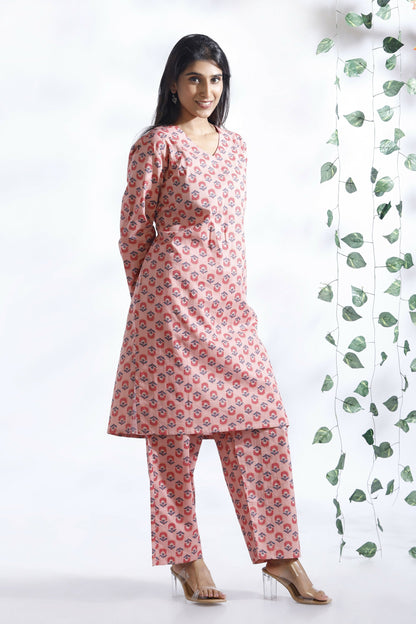 Breathables Women’S Loungewear Long Kurta Co-Ord Set Cotton Pink Indian Motif Butta Print
