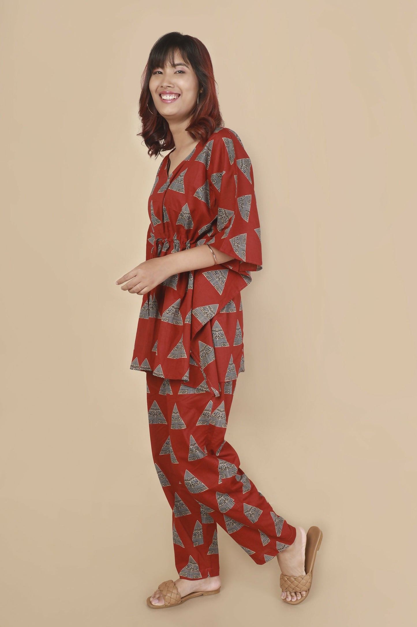 Breathables Women’S Loungewear Kaftan Cotton Red Geometric Print Co-Ord Set