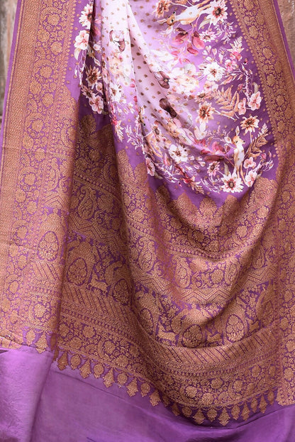 Joban Fashion Dark And Light Lilac Crepe Chiffon Pure Handloom Banarasi Silk Saree