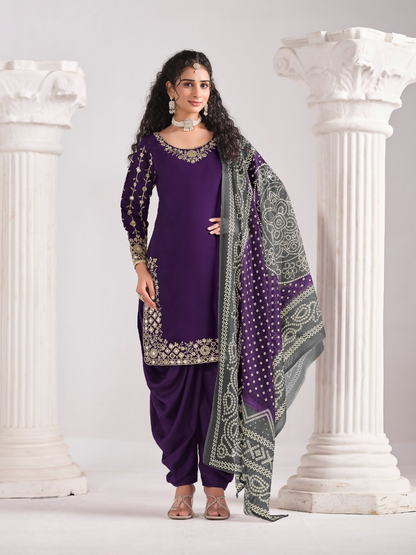 Anaita Purple Roman Silk Stitched Suit with Embroidery & Real Mirror Work