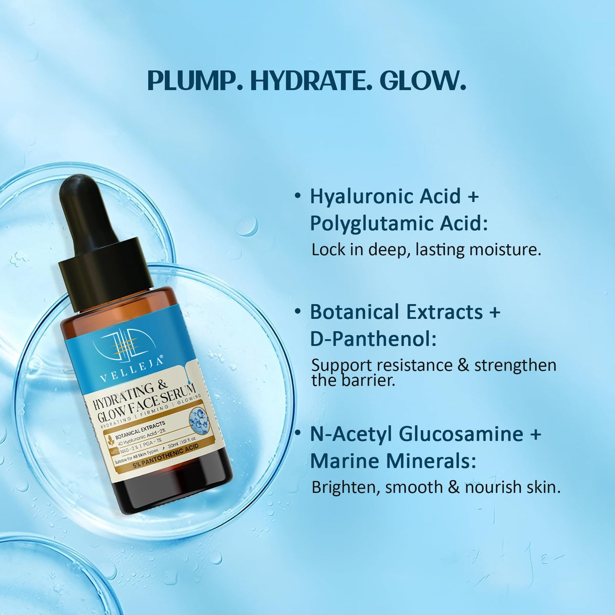 Velleja Hyaluronic Acid Hydrating & Glow Face Serum|48-Hour Moisture Lock|Plumping, Firming & Lightweight Serum for Extra Dry Skin