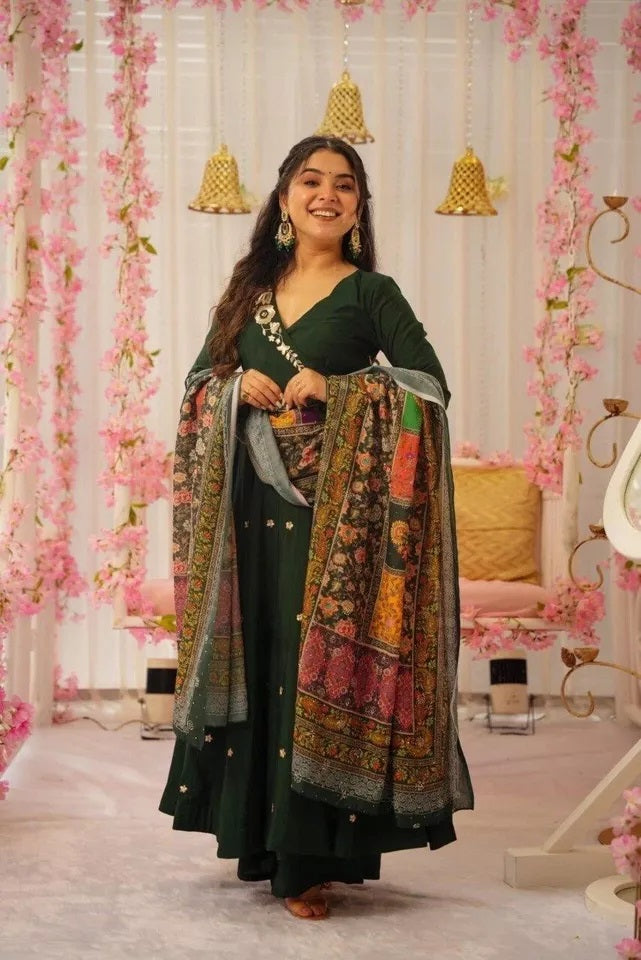 Heavy Pure Chinon Silk With Embroidery Work FullSleeves Gown Bottom Dupatta