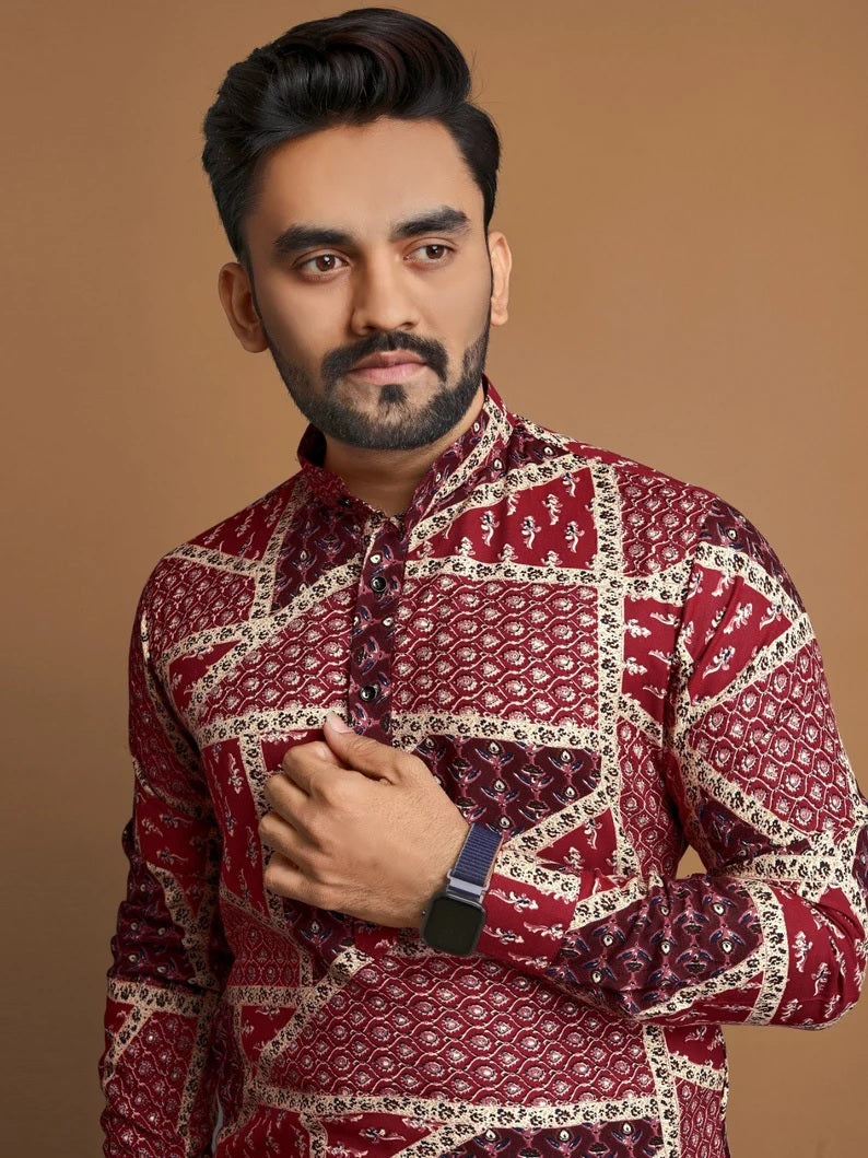 Men's Soft Cotton Foil Print Designer Kurta Pajama Set