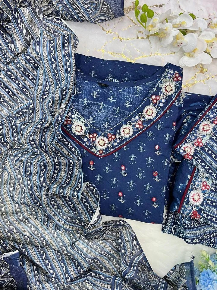 Women's Cotton Salwar Kameez Set , Embroidery And Mirror Work  Printed Design