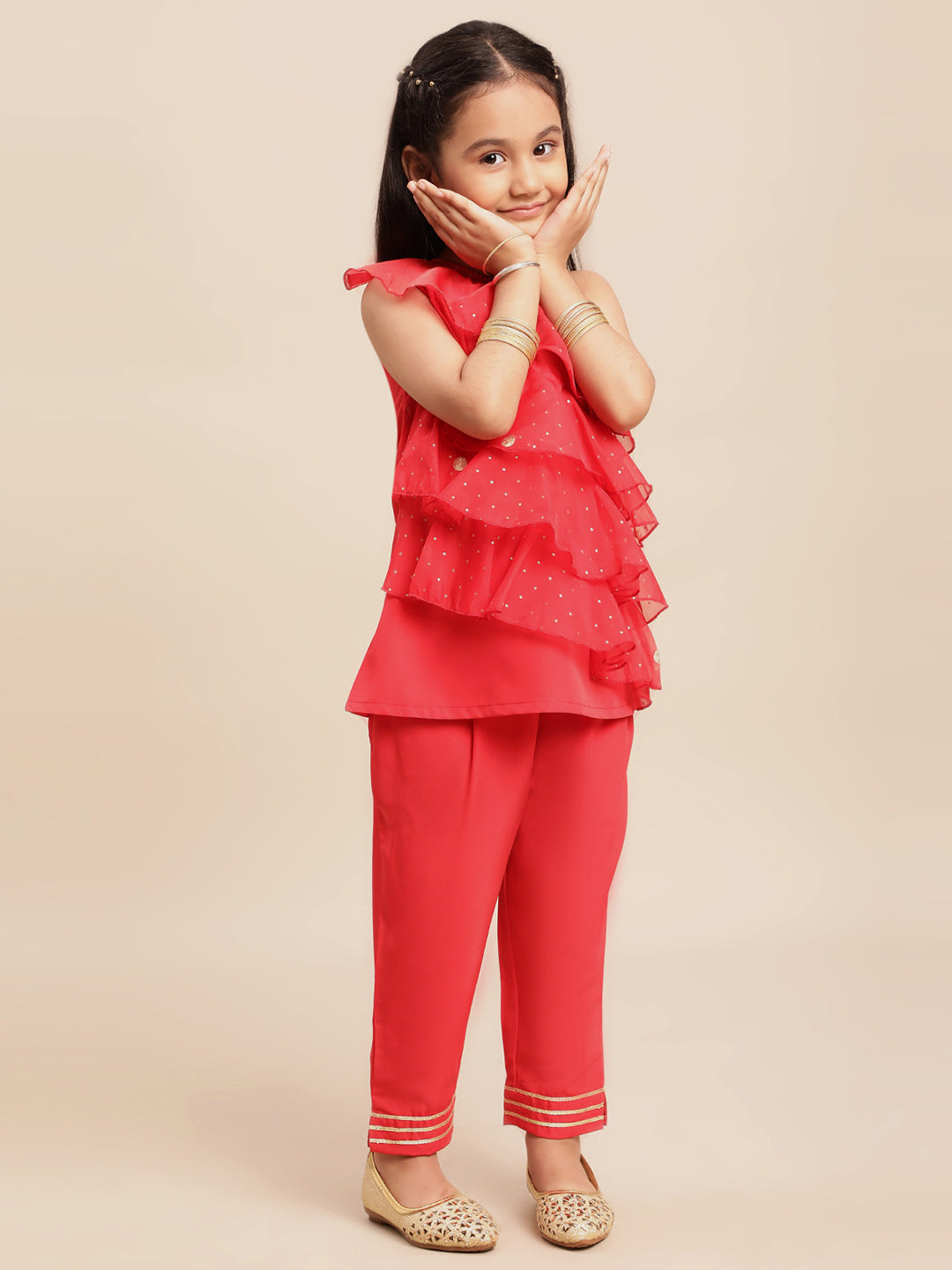 Ahalyaa Girls Red Embellished Ruffled Kurta with Trousers