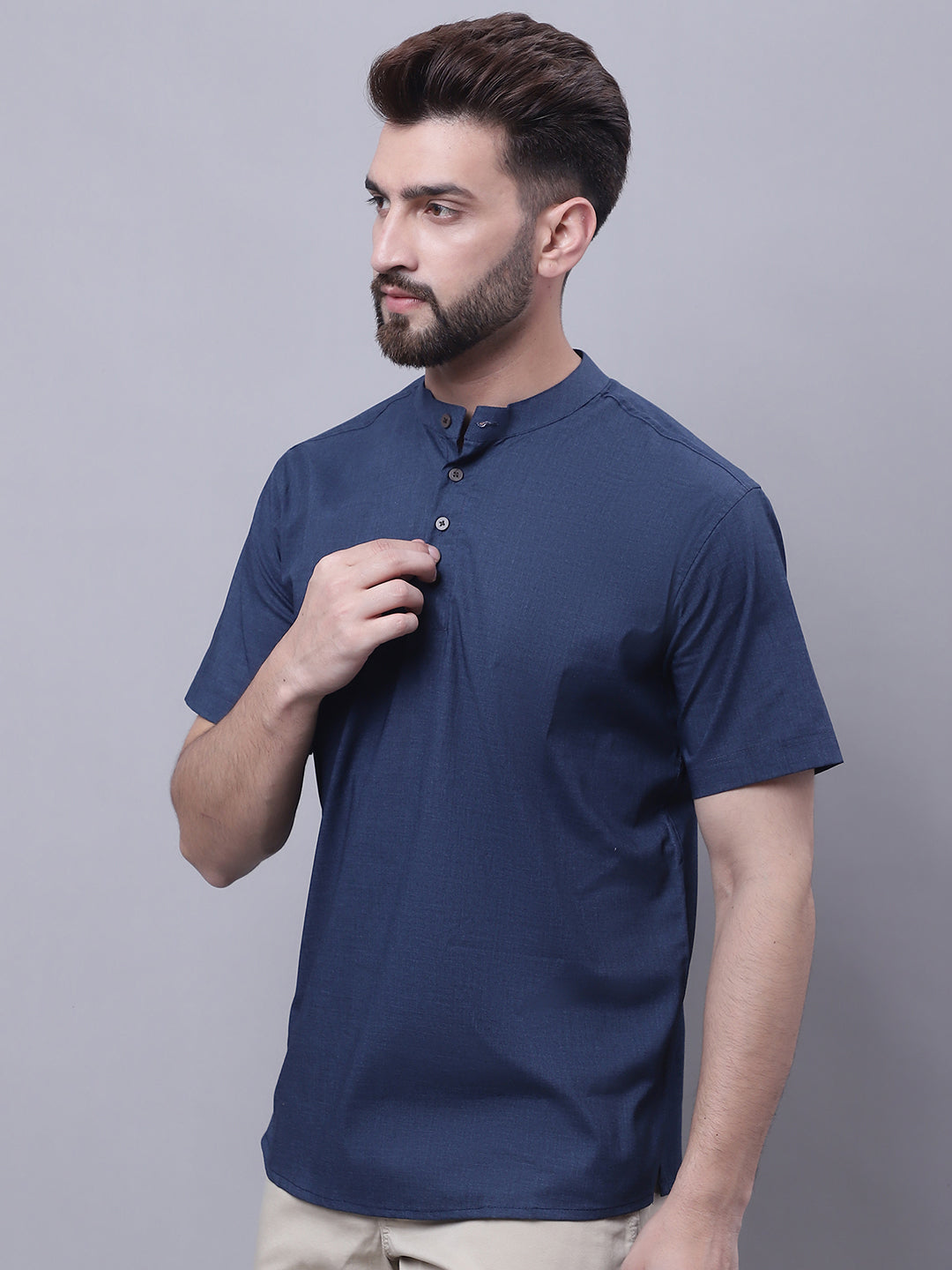 Even Apparels Blue Pure Cotton Short Kurta With Band Collar