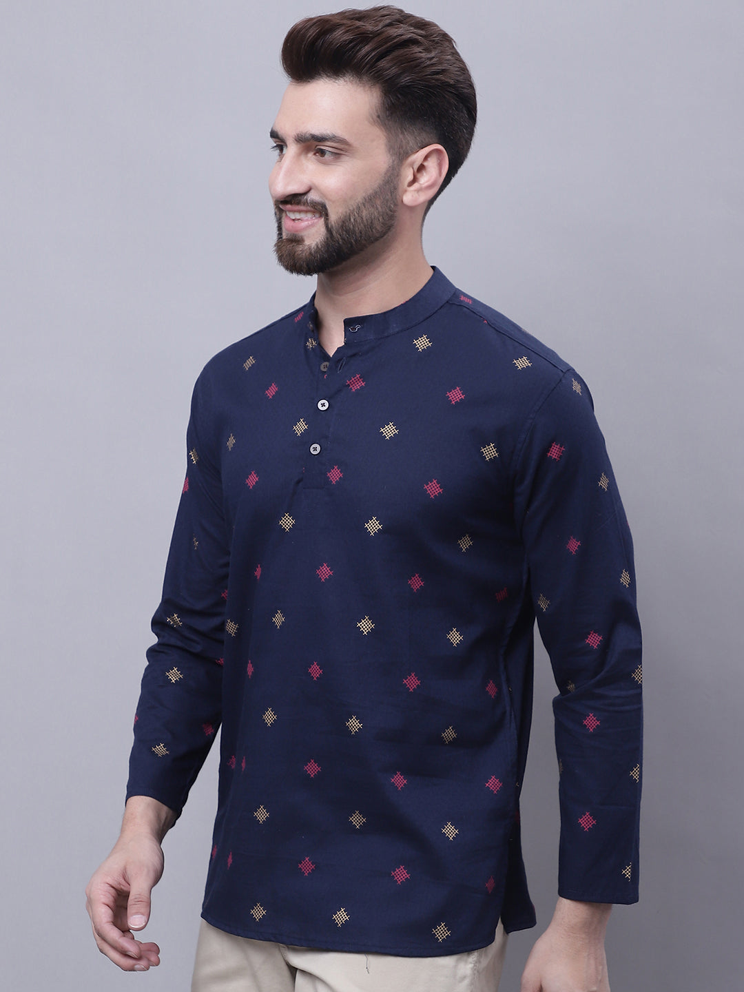 Even Apparels Blue Pure Cotton Short Kurta With Band Collar