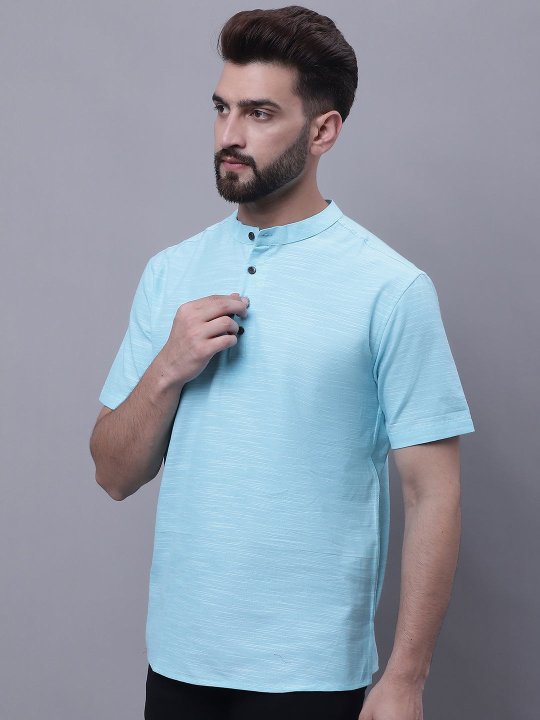 Even Apparels Blue Pure Cotton Short Kurta With Band Collar