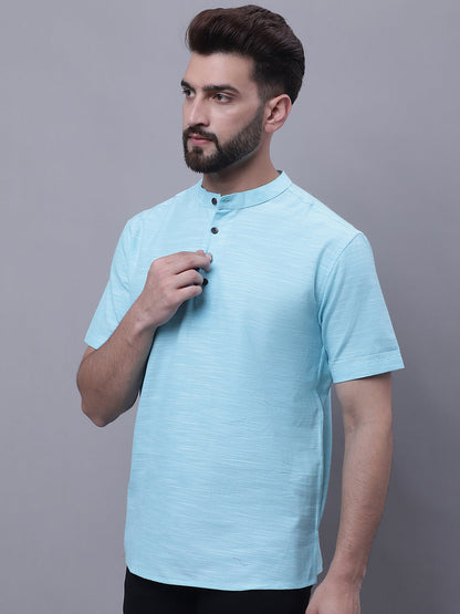 Even Apparels Blue Pure Cotton Short Kurta With Band Collar