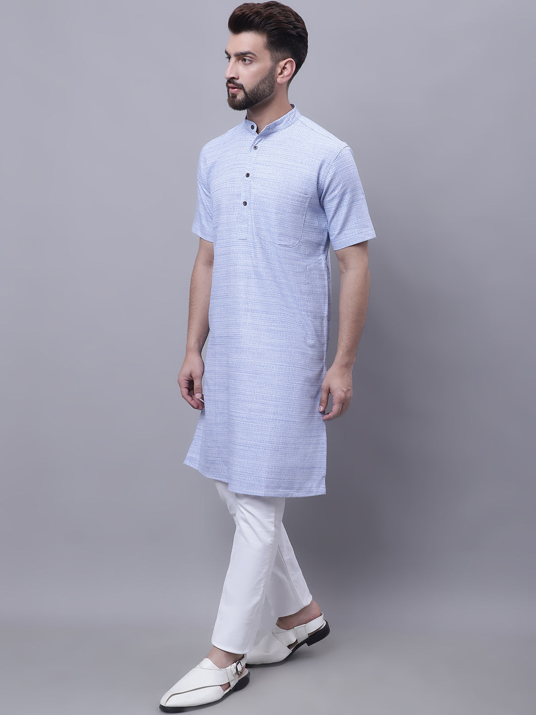 Even Apparels Blue Pure Cotton Short Sleeves Kurta With Band Collar
