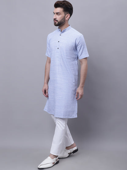 Even Apparels Blue Pure Cotton Short Sleeves Kurta With Band Collar