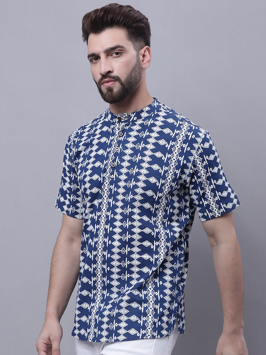 Even Apparels Blue Pure Cotton Short Kurta With Band Collar