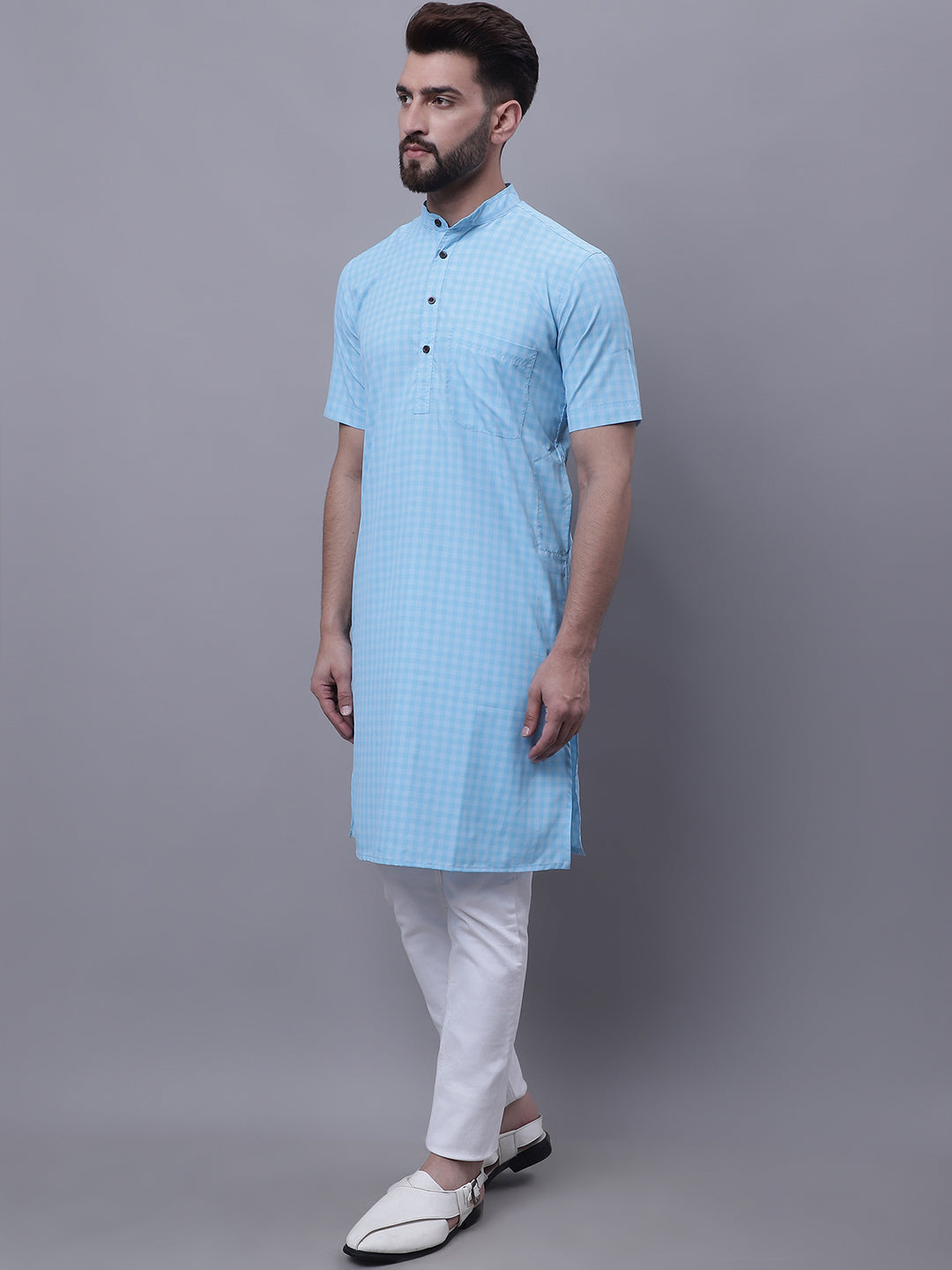 Even Apparels Blue Pure Cotton Short Sleeves Kurta With Band Collar
