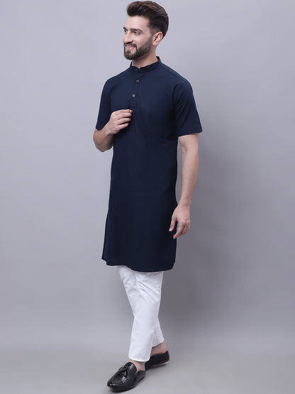 Even Apparels Blue Pure Cotton Short Sleeves Kurta With Band Collar