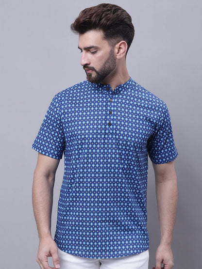 Even Apparels Blue Pure Cotton Short Kurta With Band Collar