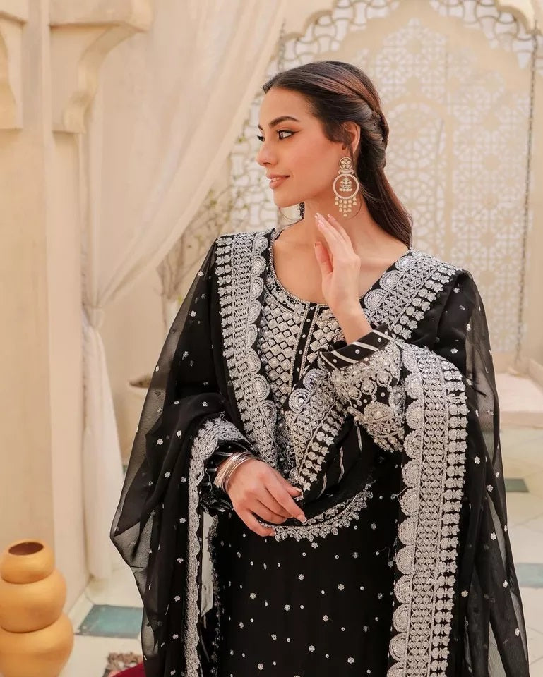 Faux Georgette Sequence Work With Front Side Work Top Sharara With Dupatta