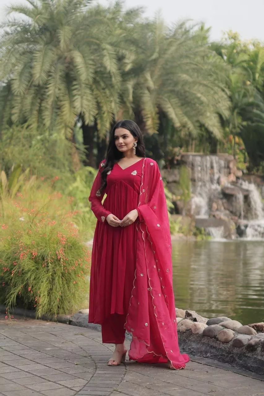 Blooming With Embroidery Work Fancy Top Bottom & Dupatta