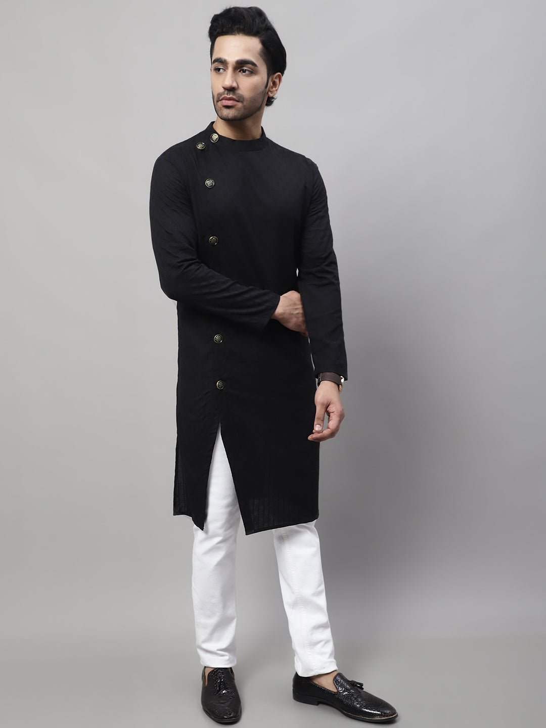 Even Apparels Black Pure Cotton Kurta With Band Collar