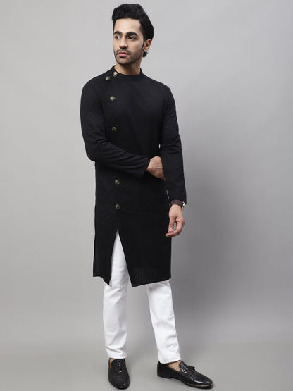 Even Apparels Black Pure Cotton Kurta With Band Collar