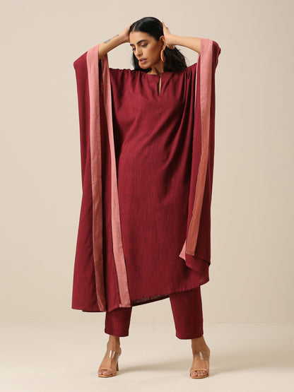 trueBrowns Ruby Wine Slub Texture High Low Kaftan Pant Set | Relove