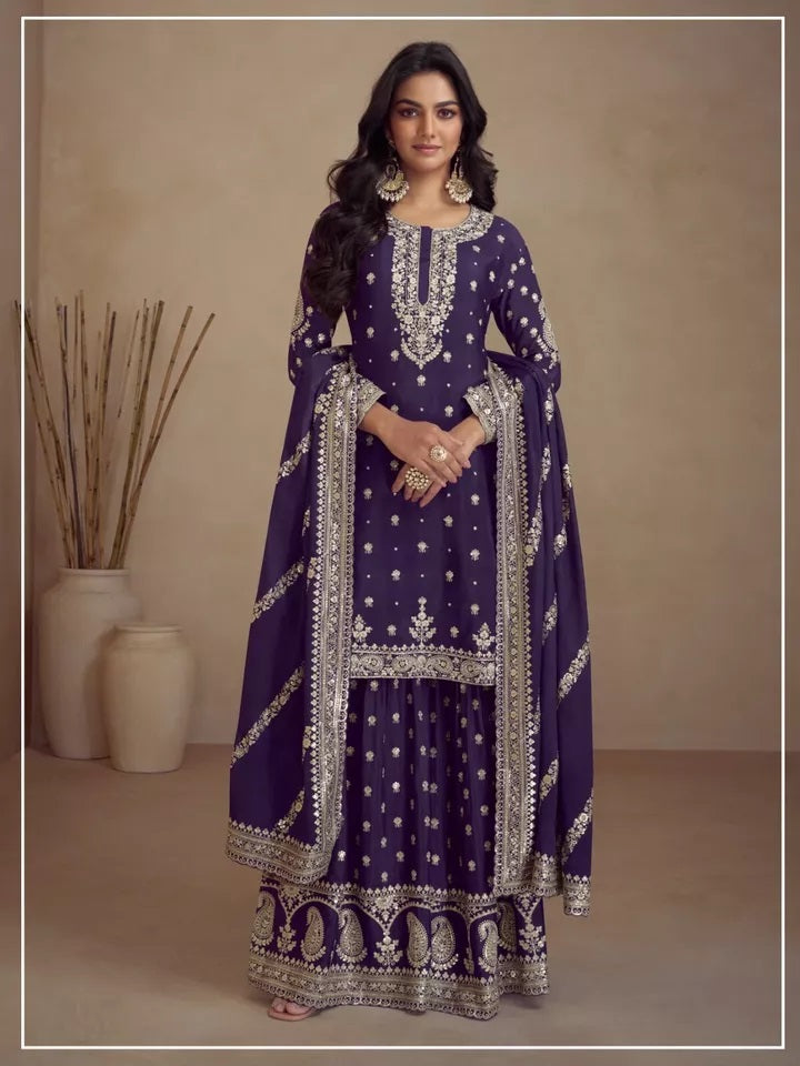 Party Wedding Collection Semi Stitched Heavy Silk Top Palazzo & Dupatta