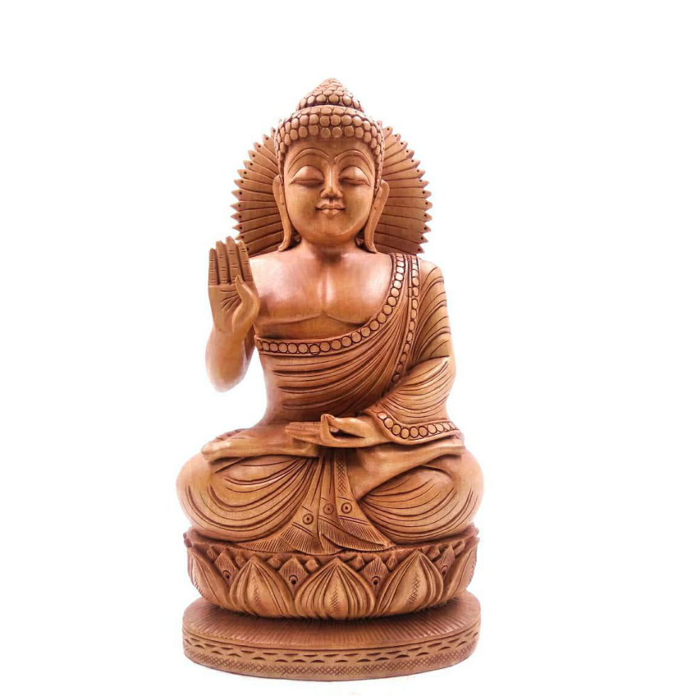 Shri Handicrafts 8" Inch Wood Carving Handmade Meditating Buddha Statue Good Luck Hindu God Figurine for Home Temple | Brown