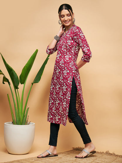InWeave Women's Wine Floral Print Straight Angrakha Gota Kurta