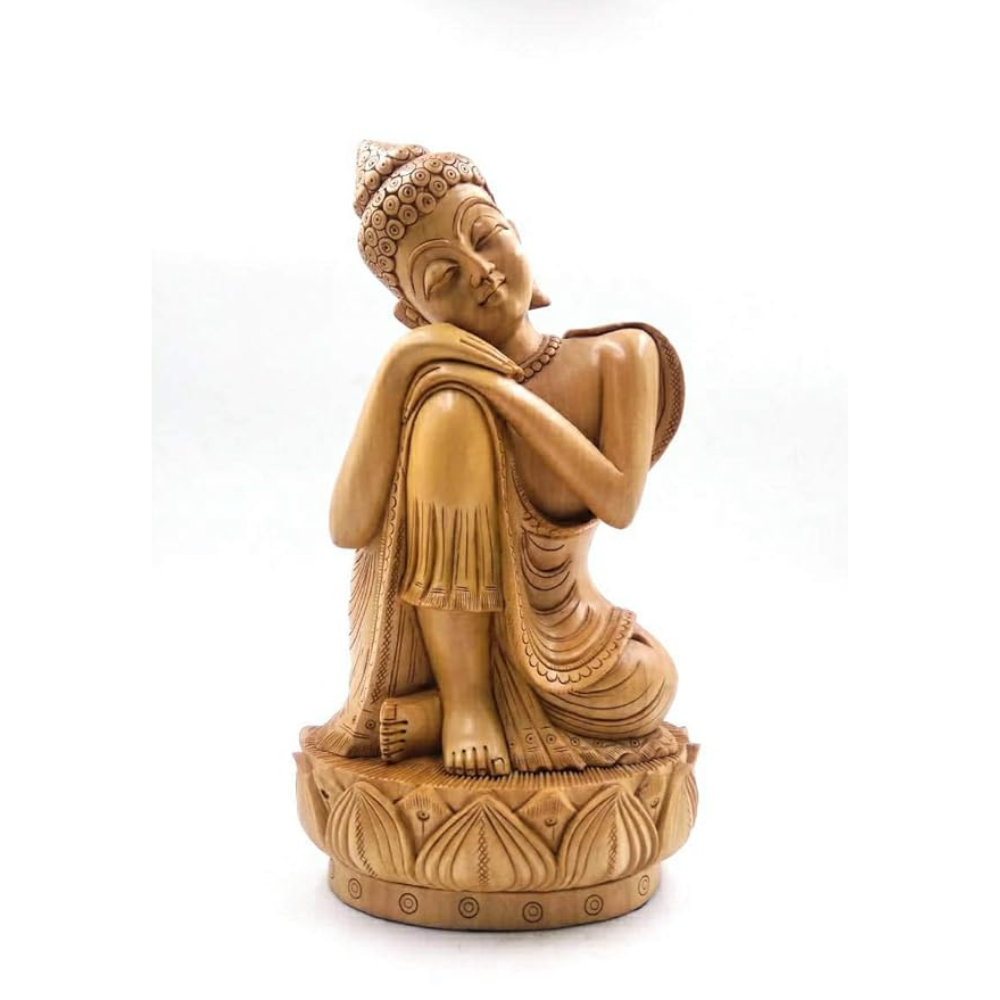 Shri Handicrafts 8" Inch Wood Carving Handmade Thinking Buddha Statue Good Luck Hindu God Figurine for Home Temple | Brown