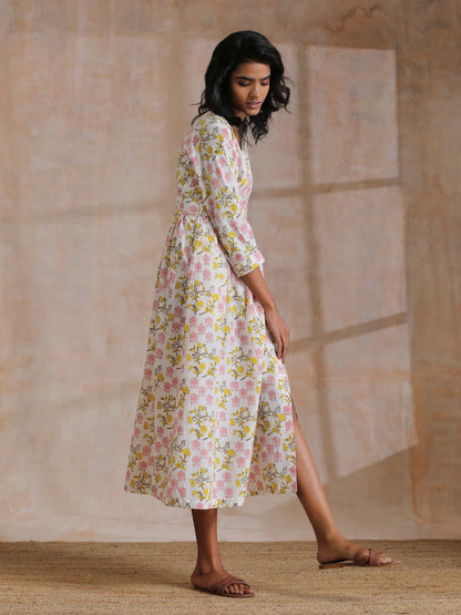 trueBrowns Pink Yellow Floral On White Block Print Cotton Wrap Dress | Relove
