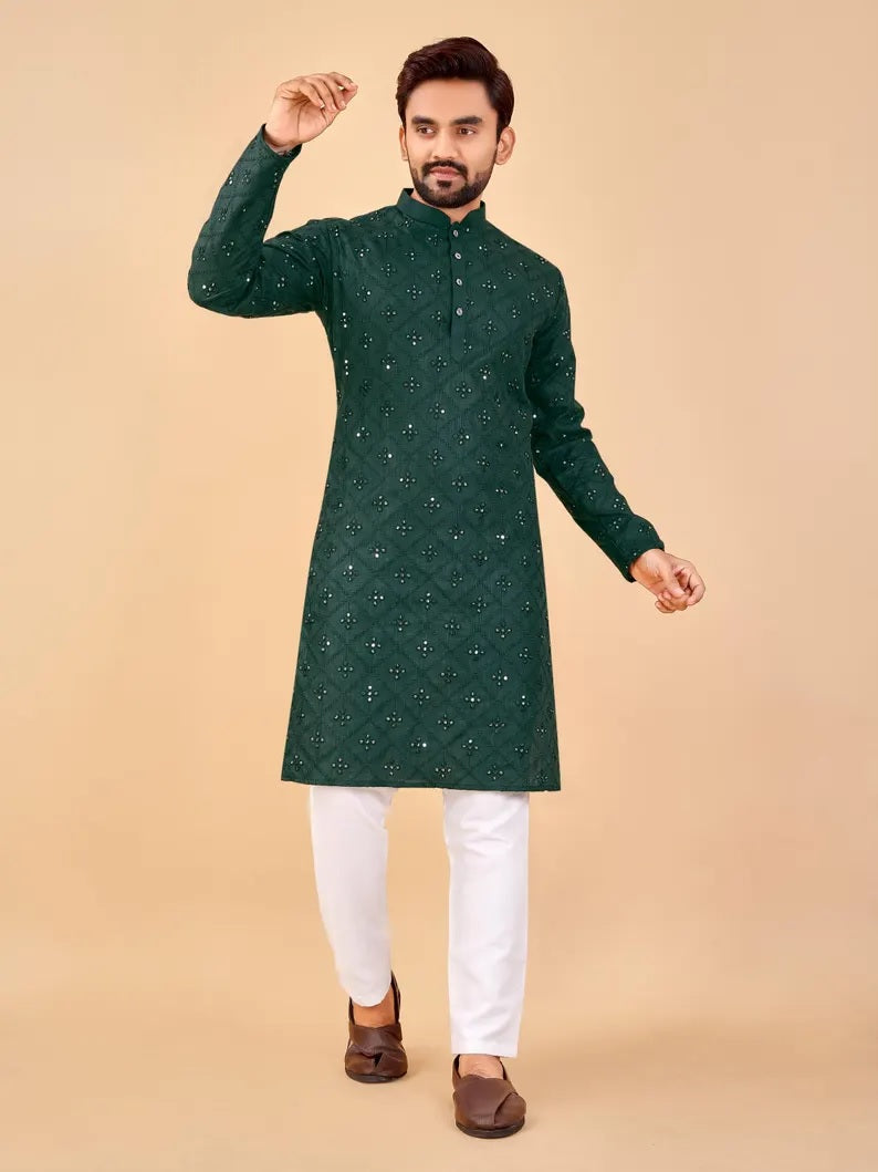 Soft Cotton Embroidery Mirror Work Men's Kurta Pajama Set