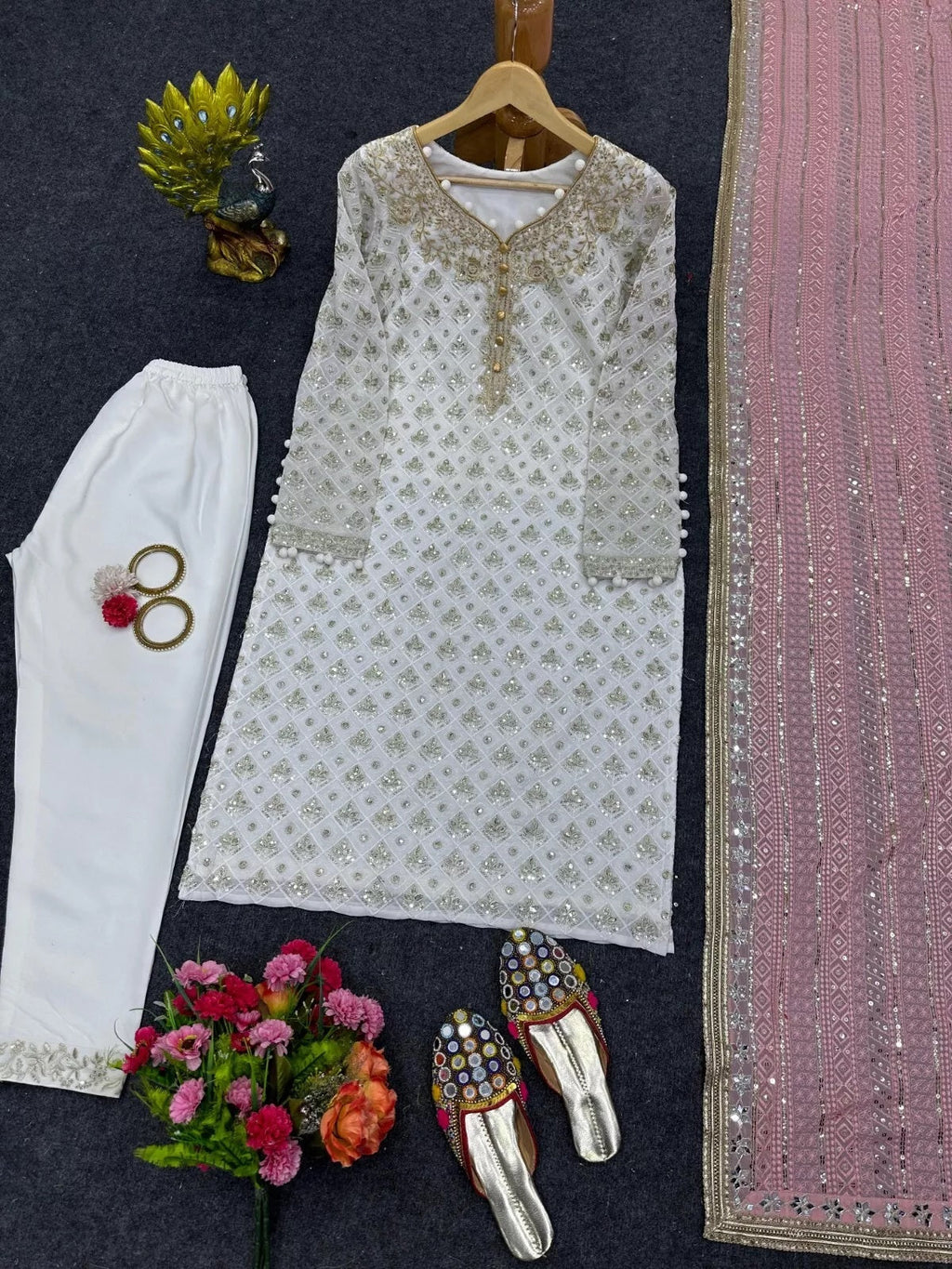 Faux Georgette Traditional Style Top Pant & Dupatta Set