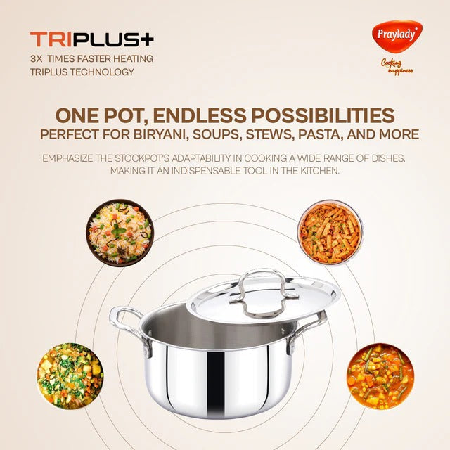PrayLady Triplus Triply Stainless Steel Stockpot with Lid Multi-Purpose Casserole Biryani Pot Induction Gas