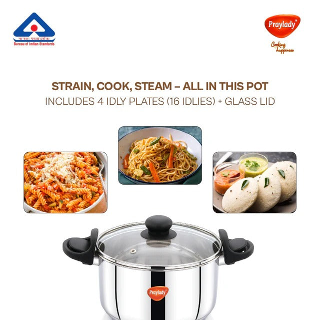 PrayLady Strainer Pro Max 4.2L 304 Grade SS Multi-Purpose Pot with Glass Lid Triply Bottom Idli Cooker 4 Plates Induction Gas