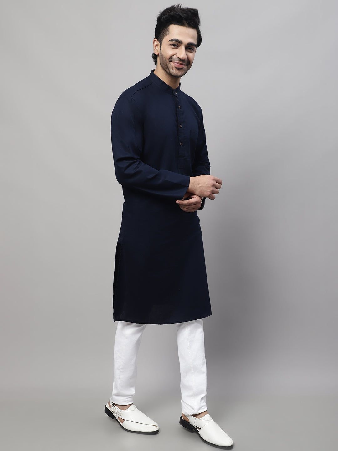 Even Apparels Blue Pure Cotton Kurta With Band Collar