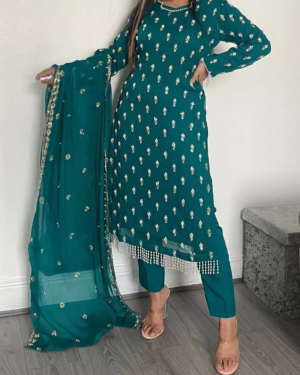 Traditional Fancy Wear Faux Georgette Top Pant With Dupatta