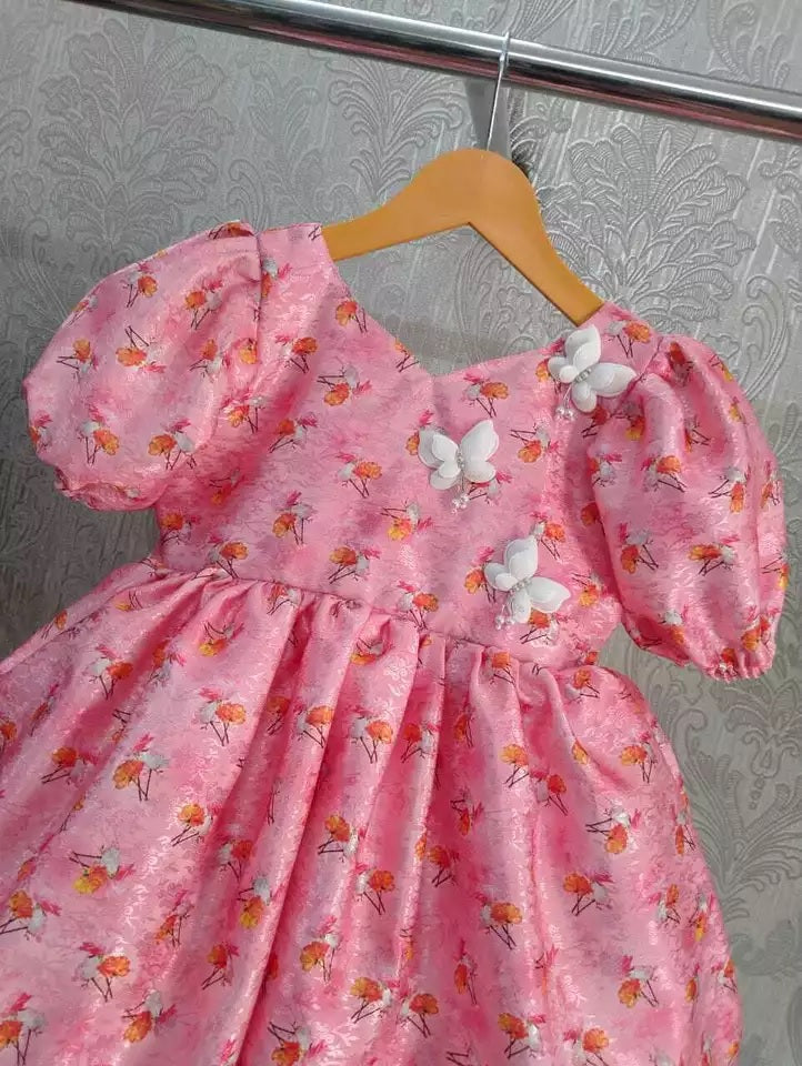 Chic Baby Pink Floral Printed and Butterfly Jacquard Frock