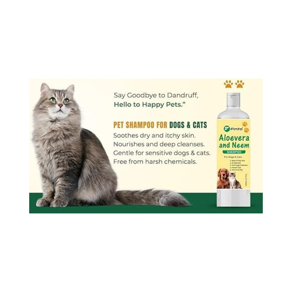 Finito Aloe Vera & Neem Pet Shampoo for Dogs & Cats | Natural, Gentle, Moisturizing Formula | 200 Ml