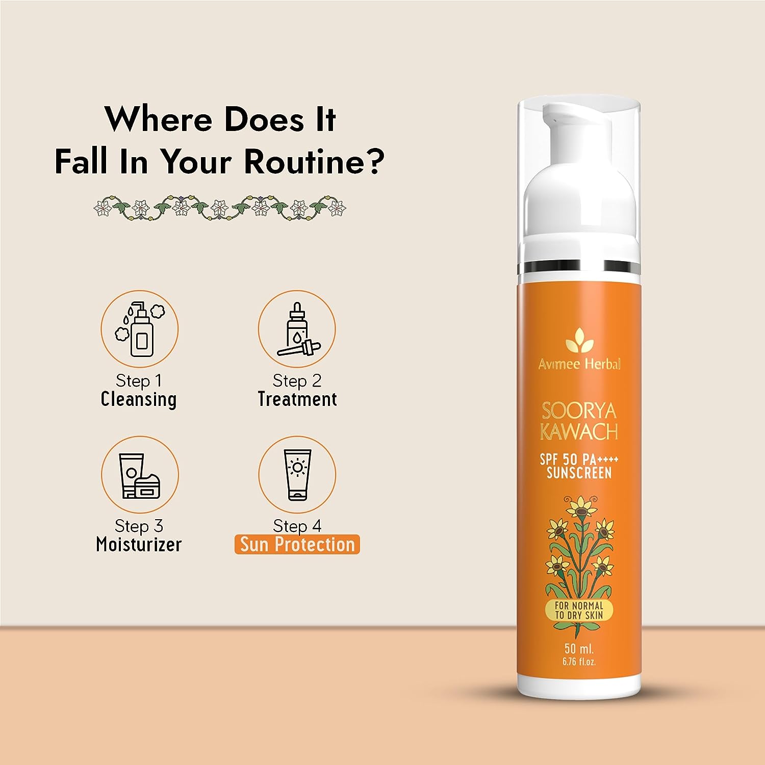 Avimee Herbal Soorya Kawach Sunscreen SPF 50 PA++++ No White Cast, Non Greasy, Light Weight 50 ML
