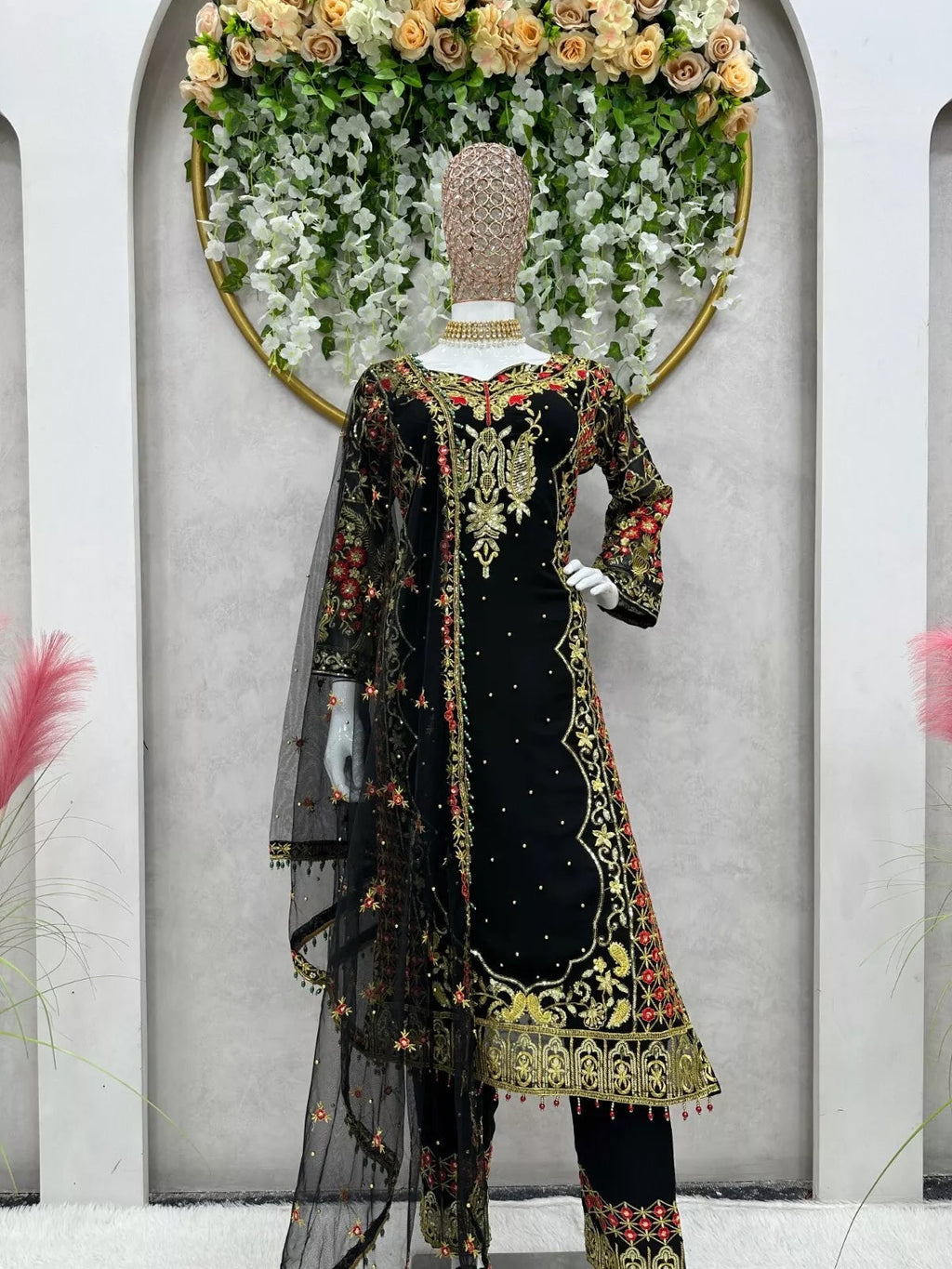 Faux Georgette Indian Ethnic Top Pant & Dupatta Set
