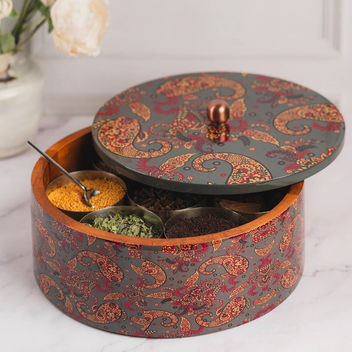 Nestroots Allure Teak Wood Masala Box Grey Enamel with 7 Stainless Steel Jars