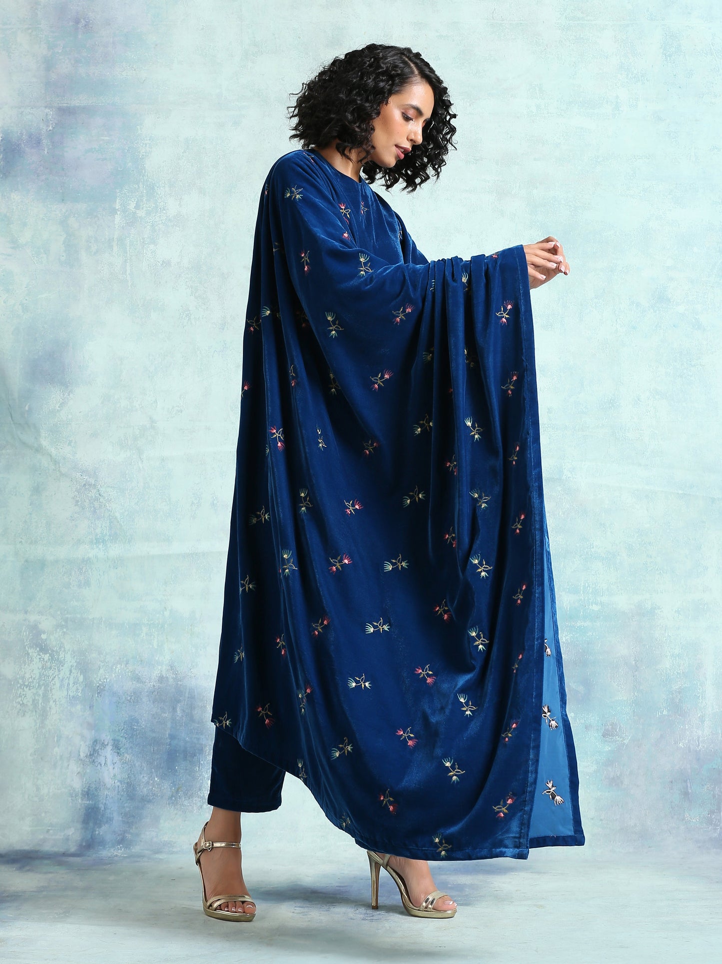 trueBrowns Blue Embroidered Velvet Shawl