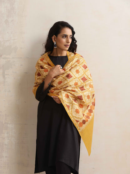 trueBrowns Mustard Embroidered Woollen Stole