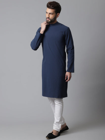 Even Apparels Blue Solid Kurta With Band Collar