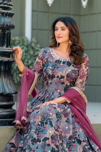 Anaita Grey Tabby Silk Stitched Anarkali Suit With Thread & Sequence Work