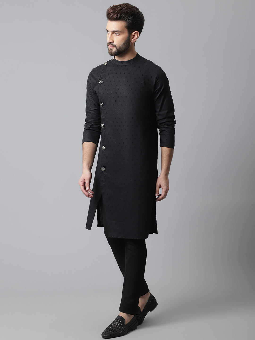 Even Apparels Black Pure Cotton Kurta With Band Collar