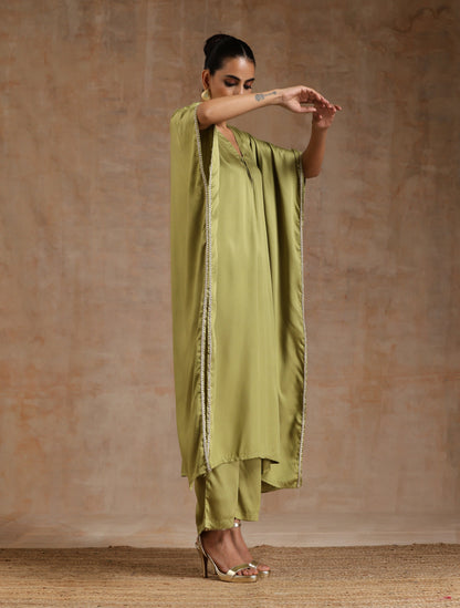 trueBrowns Light Green Modal Satin Kaftan Kurta Set | Relove
