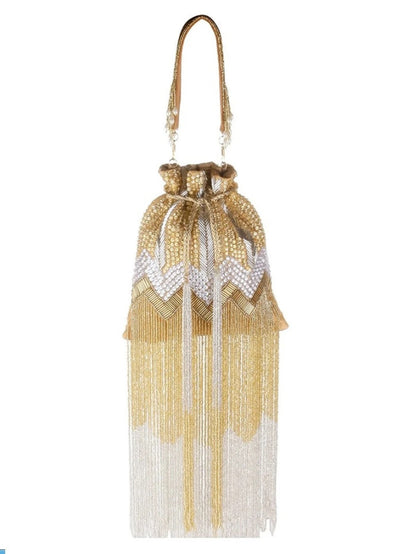 Golden Bridal Potli bag Designer Heavy Beaded Embroidered Handmade Purse