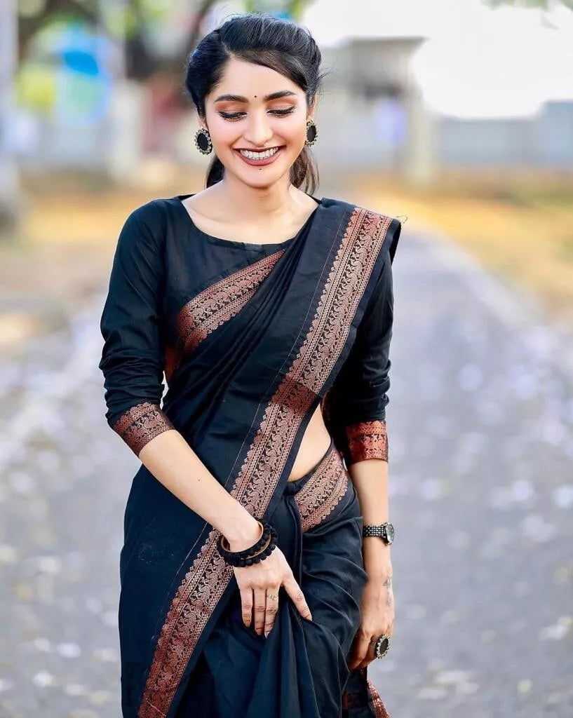 Black Designer Ethnic Wedding Banarasi Soft Silk Saree & Blouse