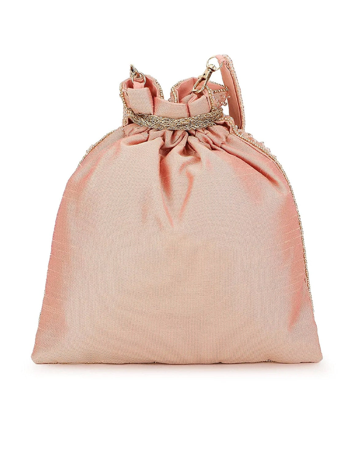 Dusky Pink & Gold Floral Embellished Faux Silk Potli Bag