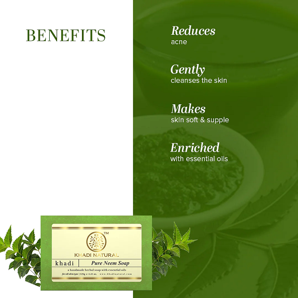 Khadi Natural Pure Neem Soap, 125g Herbal Bathing Soap for Acne Natural Soap with Essential Oils Anti-Bacterial Soap Suitable for All Skin Types